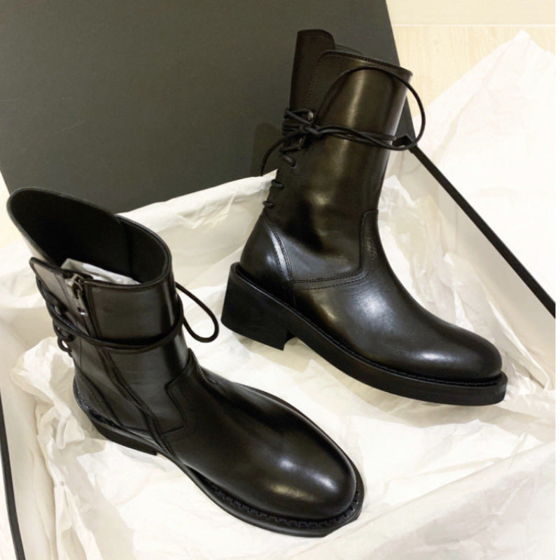 2025 Cowhide version~ New handsome black locomotive boots British style mid-tube boots lace-up Martin boots thick-soled short boots