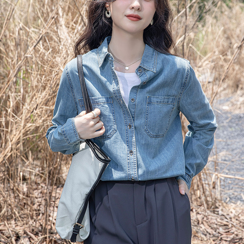 Blue retro denim shirt jacket women's spring dress front shoulder top design sense niche small man stacked shirt autumn