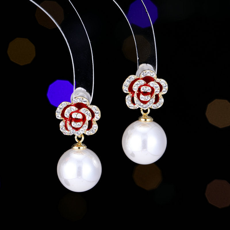 2025 S925 silver needle camellia pearl earrings Tianmei temperament Ankola red retro high-end flower autumn and winter earrings