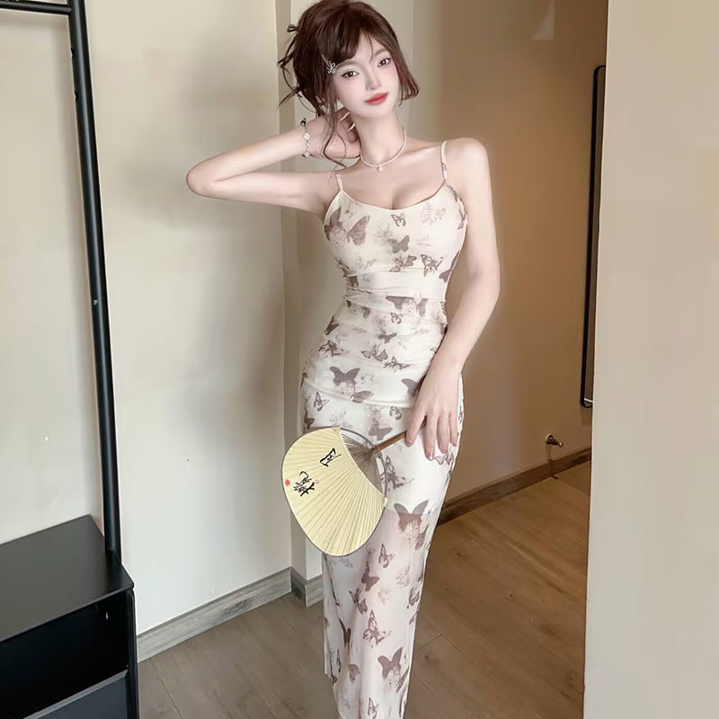 2025 summer new celebrity women's clothing sexy butterfly print off-the-shoulder suspender dress mesh slim dress