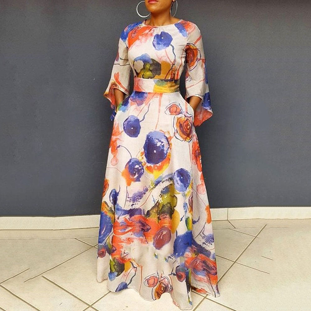 2025 New new spring Popular trade mid-waist commuting large size blue printed long dress waist pullover dress