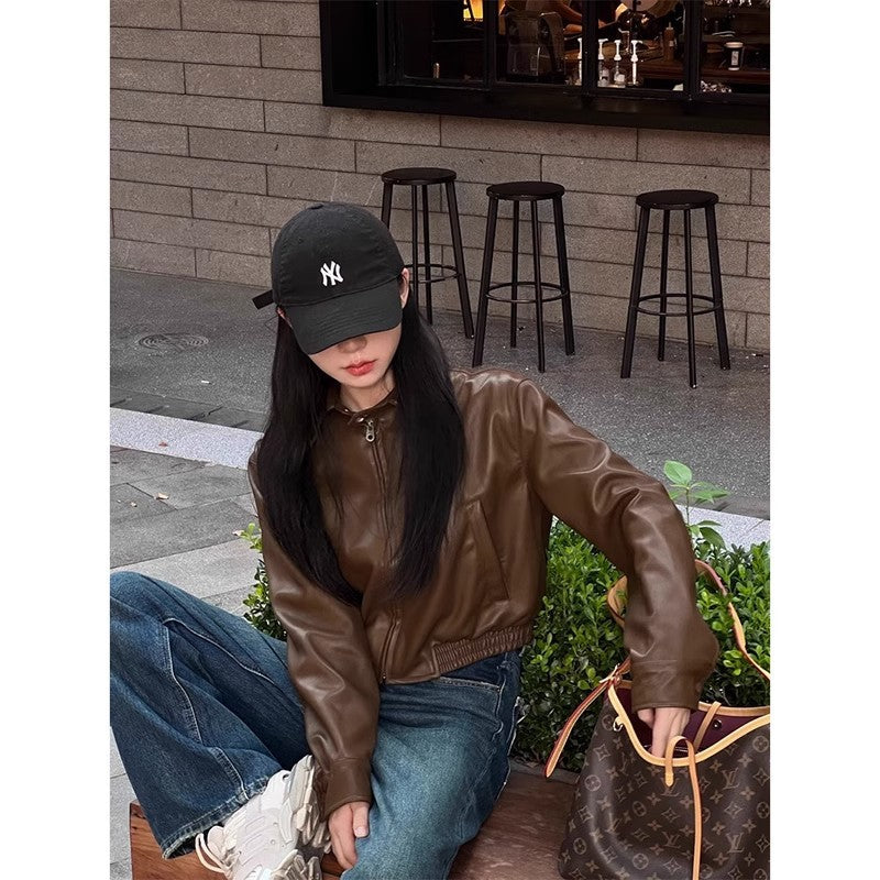 jinran fall inspo outfits Autumn New Retro Loose Western Style High-Grade Zipper Leather Coat Women's Stand Collar Long Sleeve Short Jacket