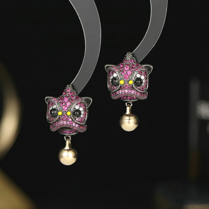 2025 Creative lion dance lion stud earrings zircon inlaid retro dynasty Chinese style personalized design bell lion head earrings