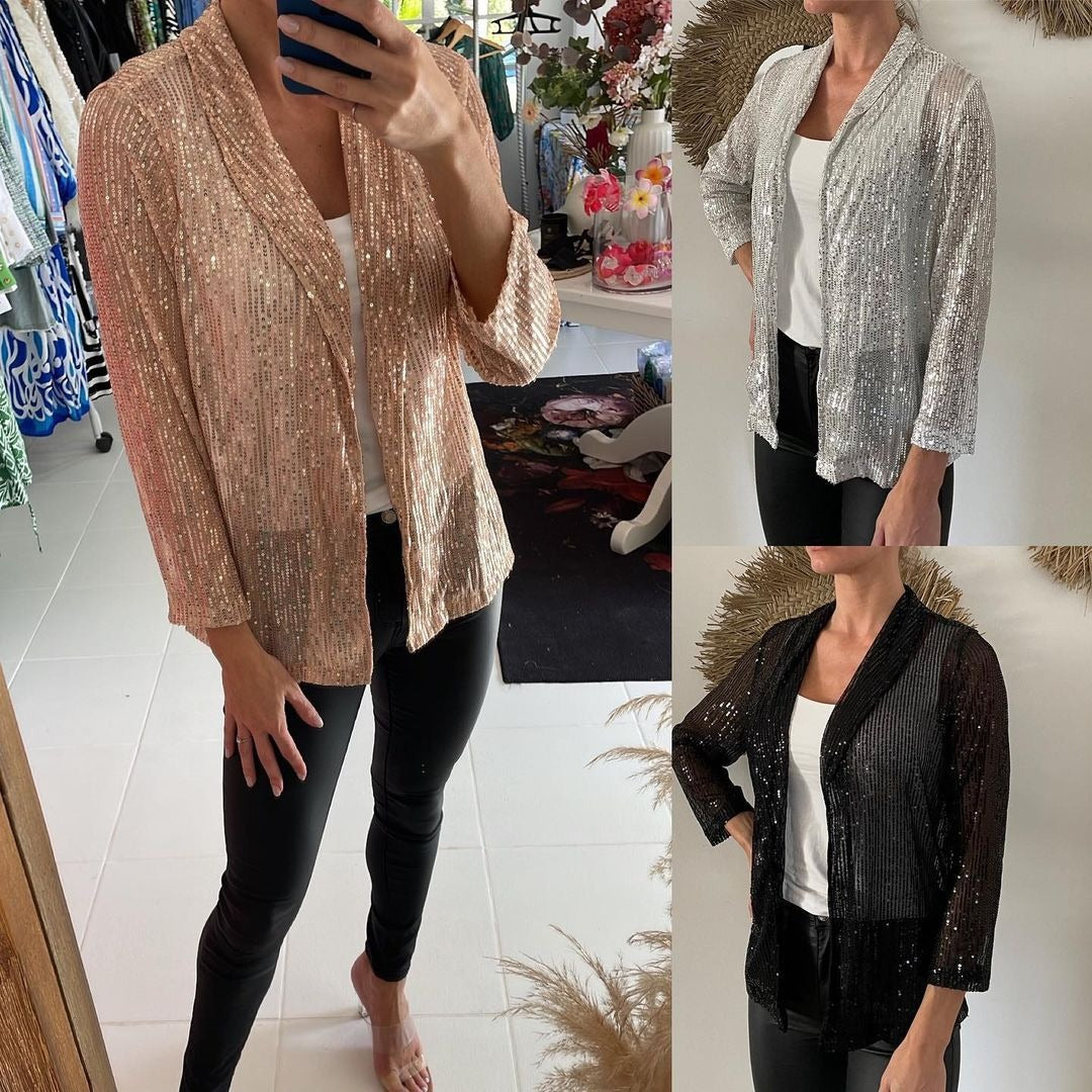 2025 spring New new 2025 sequined long-sleeved temperament medium and long small suit lapel coat