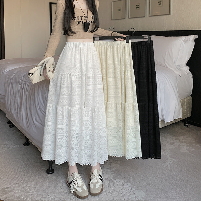 2025 Lace skirt new large size fat MM early spring lace splicing cake long skirt temperament a word big swing skirt