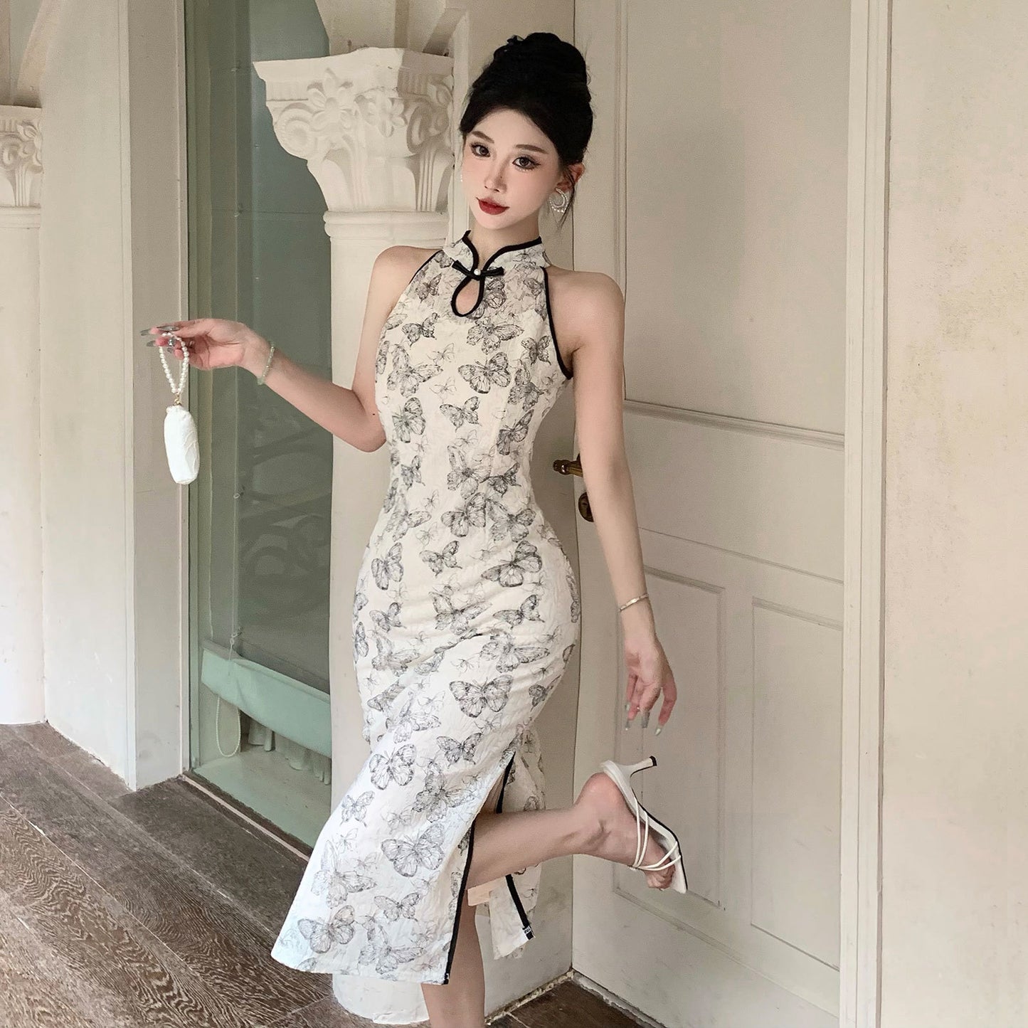 2025 Embroidery warp ink butterfly printing cheongsam dress women's spring and summer new slim retro dress