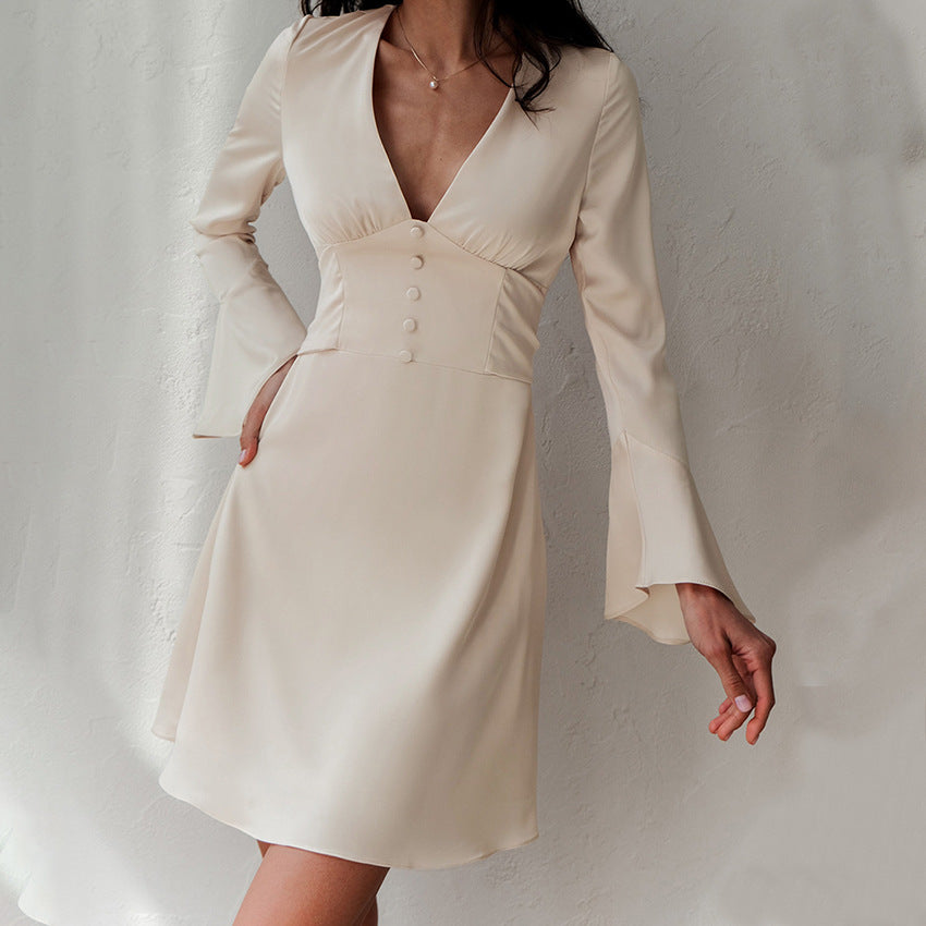 2025 temperament imitation satin acetate V-neck horn sleeve dress popular spring new fashion wholesale women