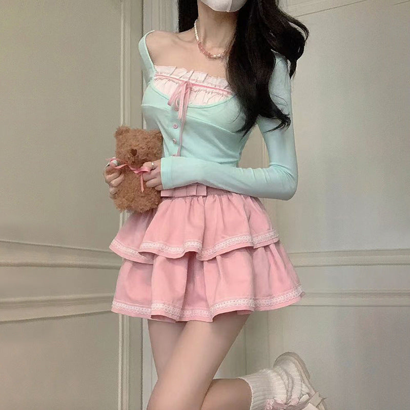jinran outfit 2024 Spring and Summer Vigorous Girl Lace Collar Cardigan Slim Slimming Long Sleeve Top Cake Dress Two-Piece Set