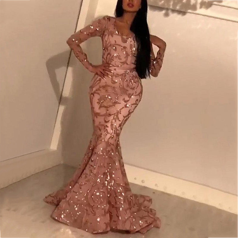 2025 New spring new 2025 women's clothing sexy sequin dress petal slim hip banquet evening dress