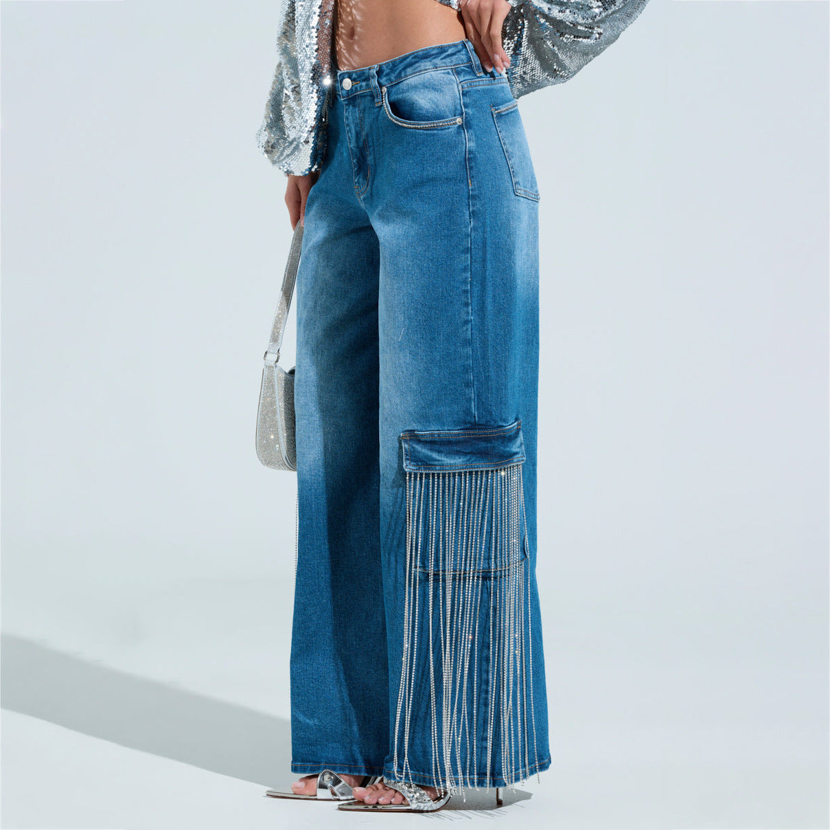 2025 New retro wind drill chain fringed design straight jeans women's spring and summer new washed old trousers women