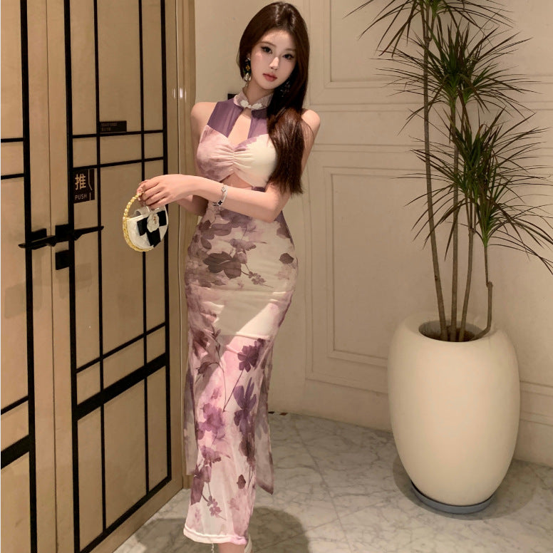2025 Hollow backless printed evening dress women's summer dress new Chinese cheongsam thin retro style dance dress