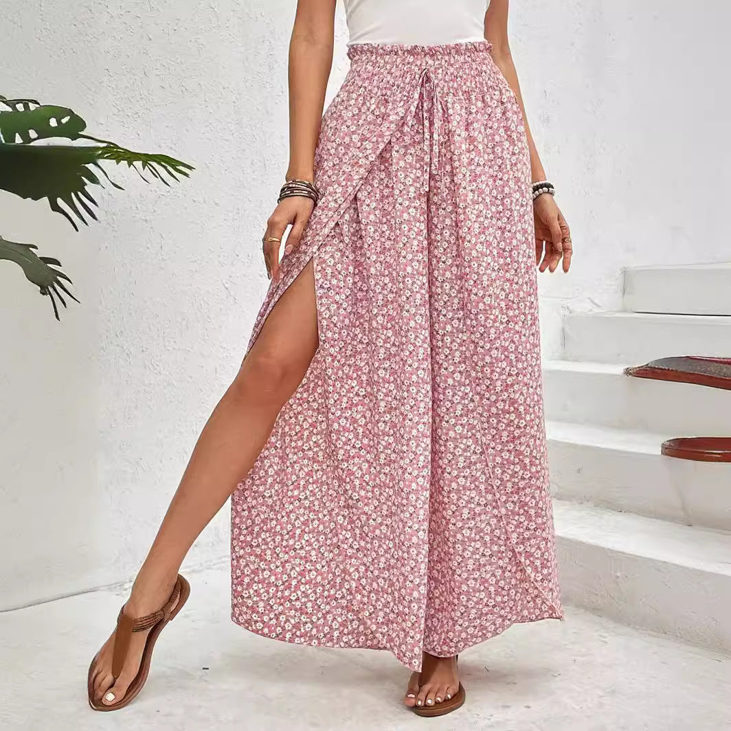 2025 Tiktoktemu women's clothing summer new fashion versatile floral side slit wide-leg culottes
