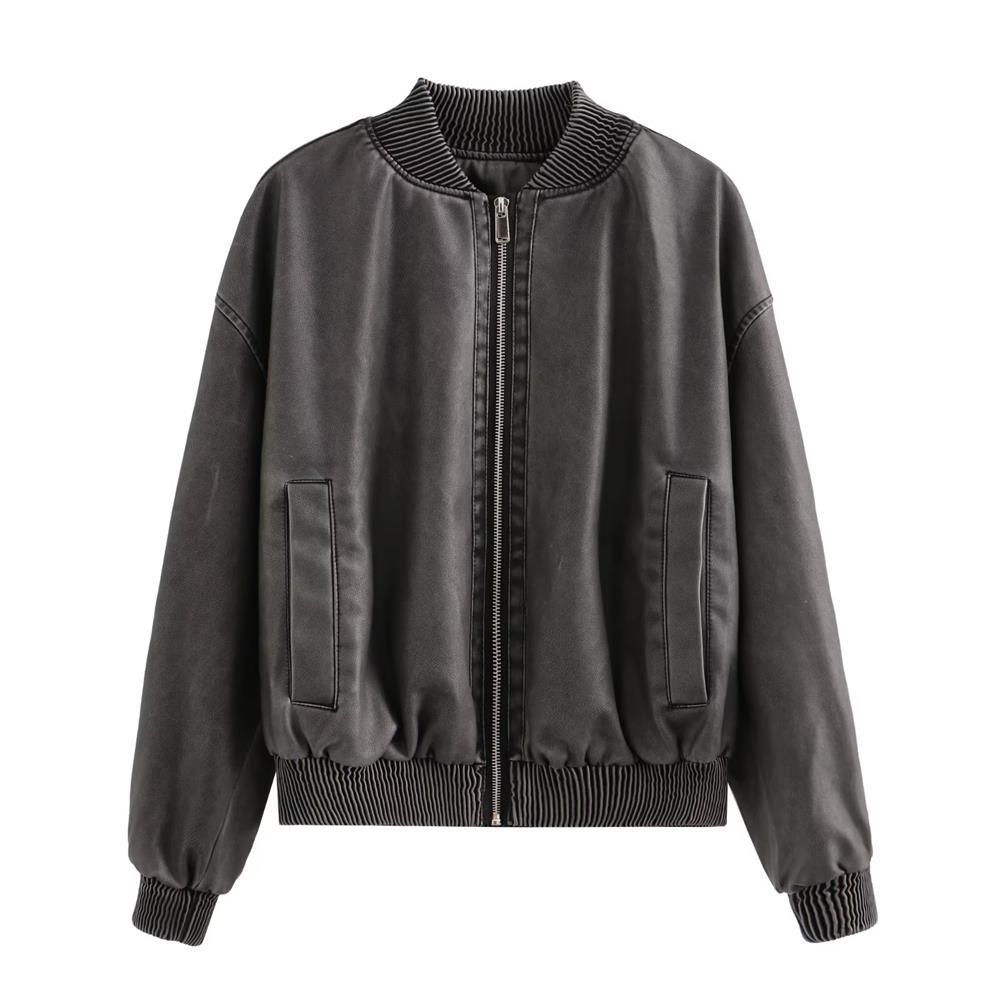 jinran barn jacket outfits Autumn New Y2k Women's Washed Distressed Effect Pilot Jacket Coat PU Leather Coat