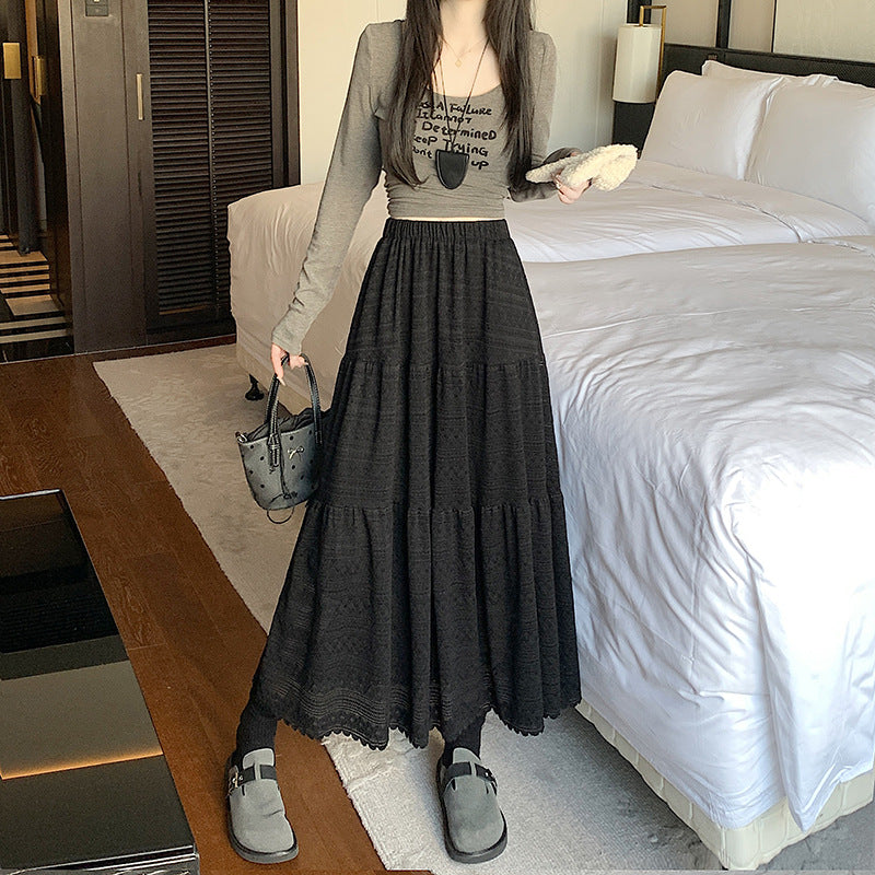2025 Lace skirt new large size fat MM early spring lace splicing cake long skirt temperament a word big swing skirt
