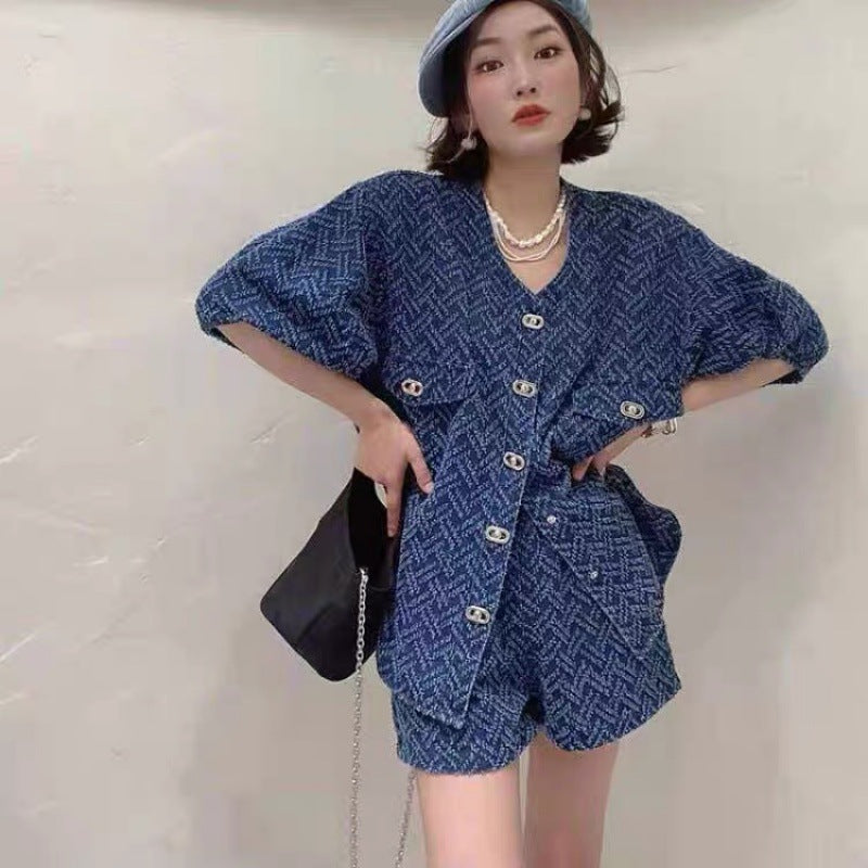 2025 spring and summer new women's clothing temperament design sense denim suit female fat Tibetan meat thin summer loose two-piece set