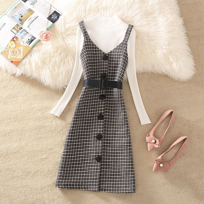 jinran fall trends 2024 outfits Sweater Dress Suit Women's 2024 Autumn and Winter New Retro Woolen Plaid Strap Dress Two-Piece Suit Fashion Women