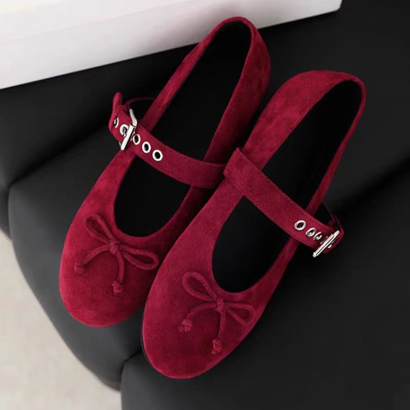 2025 Sheepskin version~ miu new bow ballet flats leather word belt Mary Jane single shoes women's shoes