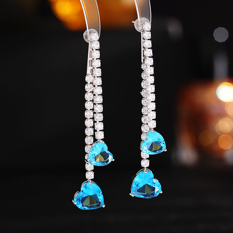 2025 S925 silver needle zircon inlaid earrings niche design love-shaped earrings removable two long fringed earrings