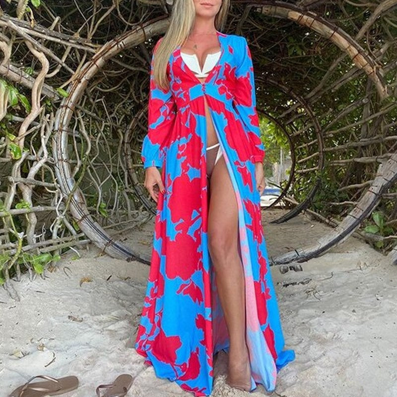2025 summer new suspender dress bohemian dress digital printing V-neck sleeveless dress