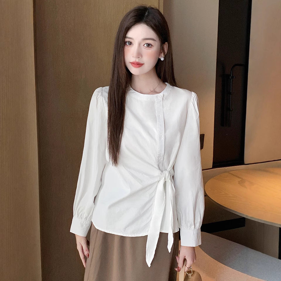 2025 White shirt women's spring clothes new Korean version fashion pleated lace-up cotton long-sleeved casual top Popular trade waist