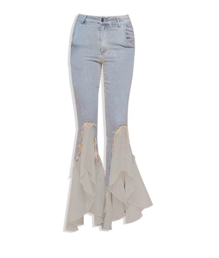 jinran mens fashion Light-Colored Mesh Stitching Split Skinny Jeans for Women Spring and Autumn 2024 New Elastic Slim Slimming Flared Pants