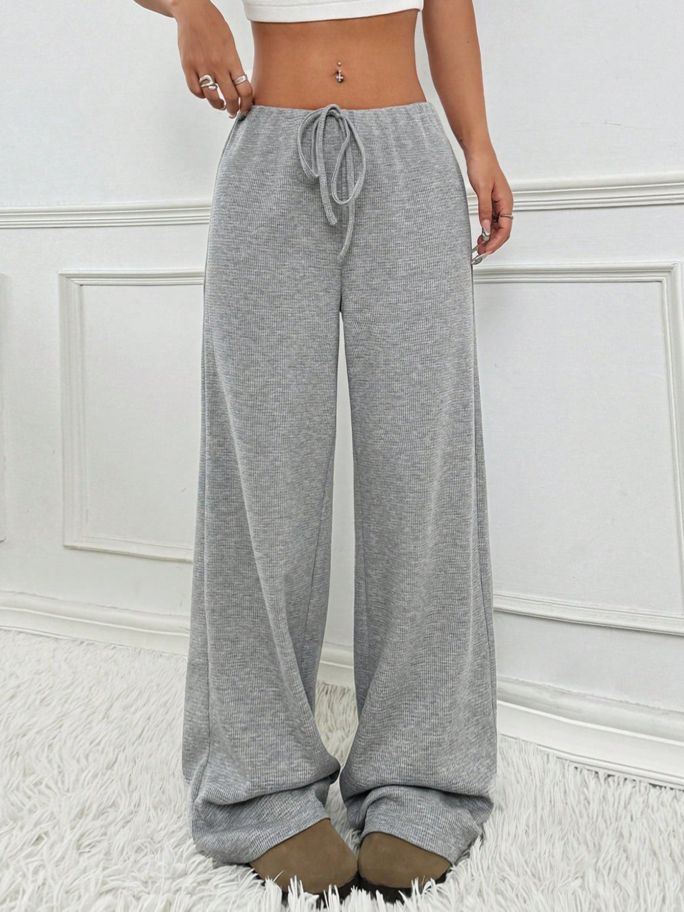 2025 Spring and Autumn New women's clothing new casual striped solid color rubber band pull rope cotton straight pants