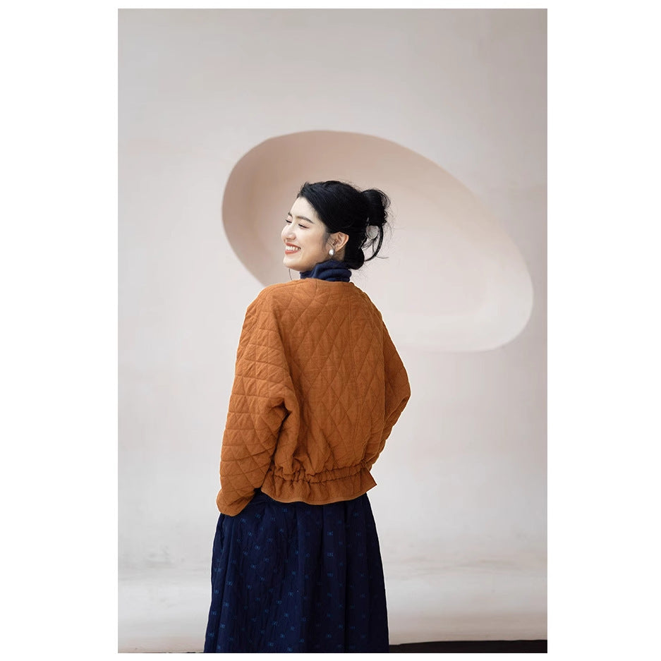 2025 Maillard Women's Clothing, Rhombus Drawstring Cotton and Linen Jumpsuit Side Open Pocket Orange Cotton Clothing Women's Winter 221019