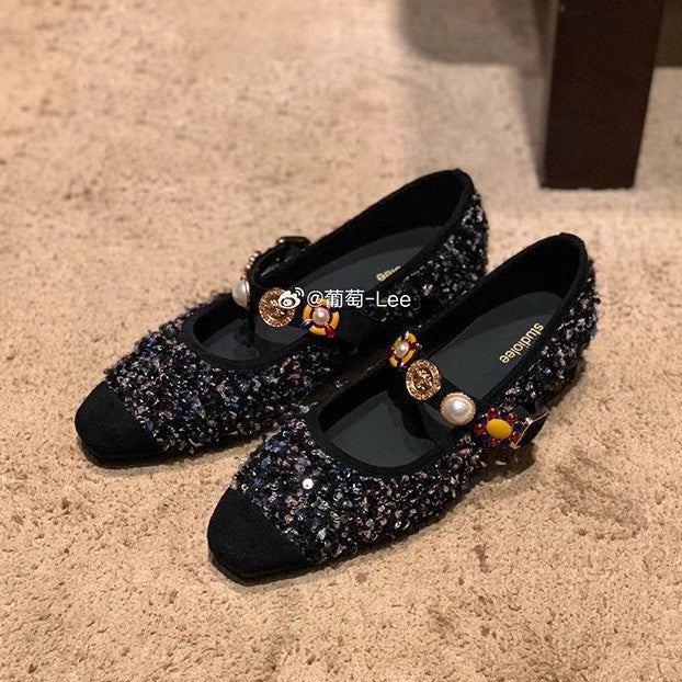 2025 Sheepskin version~ Grape mother with the same small fragrant style splicing square head tweed badge Mary Jane single shoes women's banquet wedding shoes