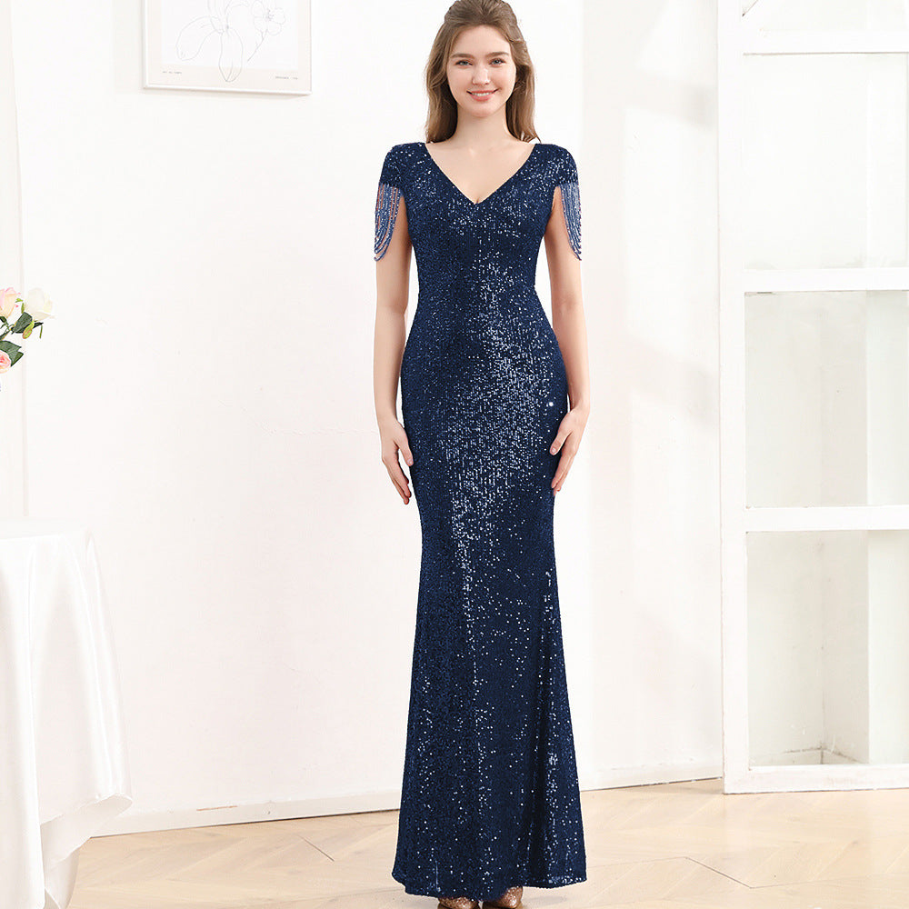 2025 Evening dress dress female black dignified atmosphere host high-end banquet wear sequins thin long fishtail dress