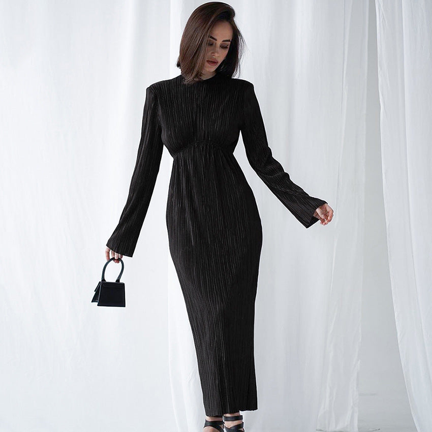 2025 spring long dress round neck hollow sexy temperament dress backless slim long sleeve pleated dress women