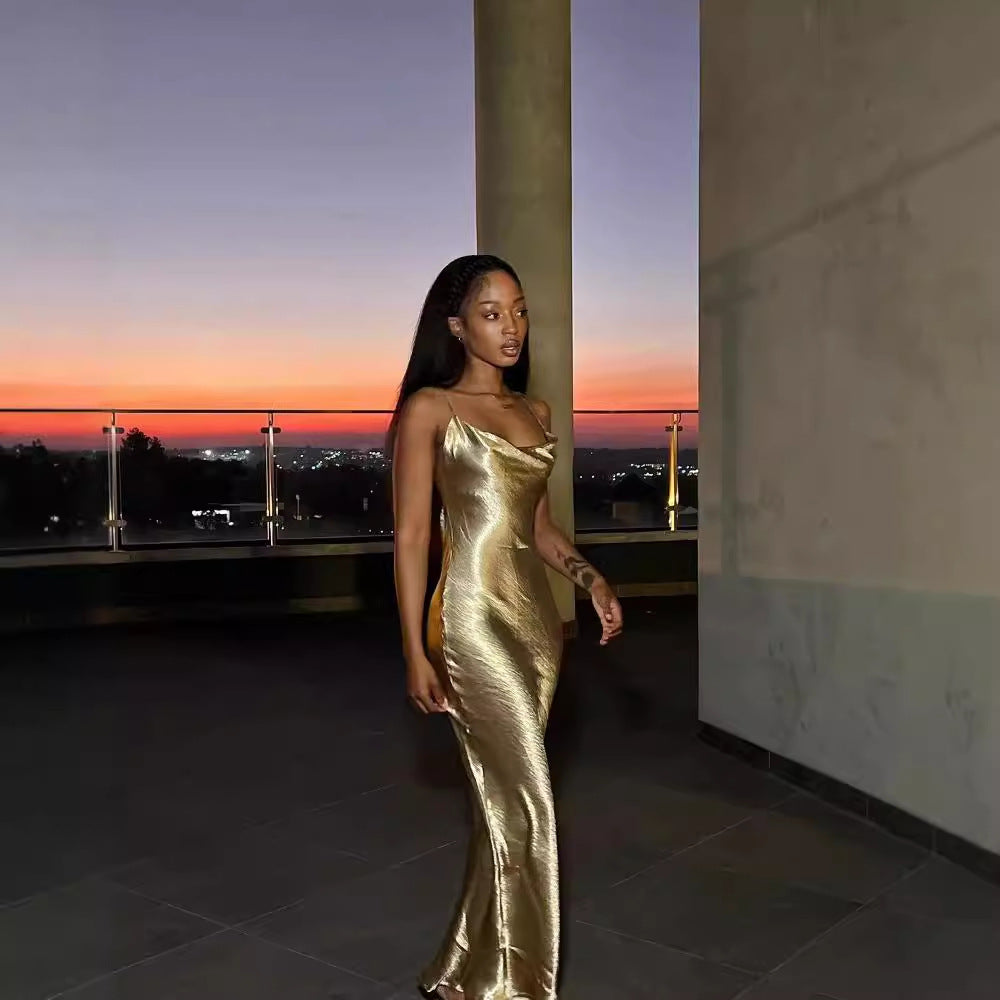 jinran party dresses 2024 Summer Masson Popular Elegant Backless Strap Fishtail Golden Dress Dress Sexy Slimming