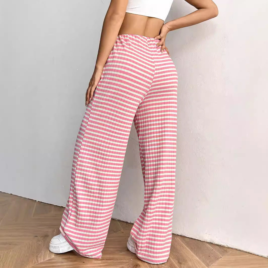 2025 Spring and Autumn New women's clothing new casual striped solid color rubber band pull rope cotton straight pants