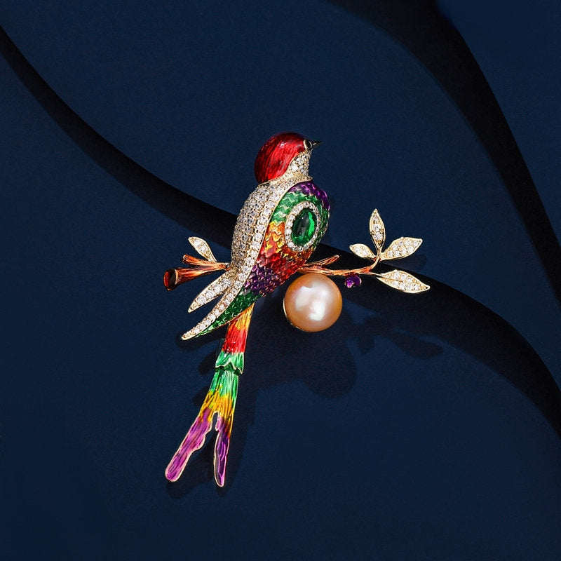 2025 New national style color drip enamel cheongsam dress corsage cardigan pin freshwater pearl bird magpie brooch