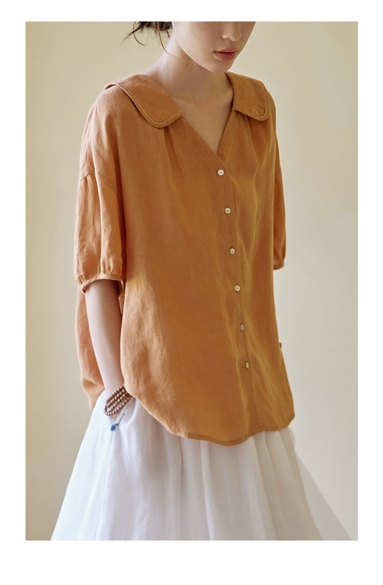 2025 Hand embroidered doll collar linen shirt top blouse popular summer 221235