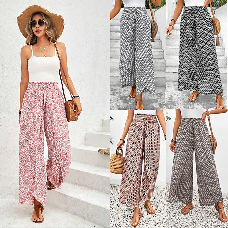 2025 Tiktoktemu women's clothing summer new fashion versatile floral side slit wide-leg culottes