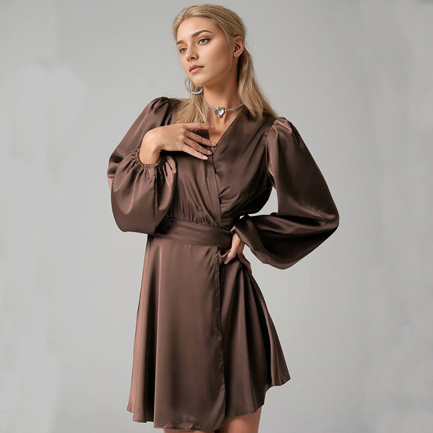 2025 Spring satin V-neck lantern sleeve high waist lace-up dress popularwildberries hot sale new short skirt women