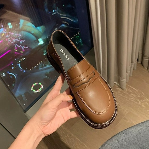 2025 Cowhide version~ Autumn and winter British style versatile and comfortable large size platform small leather shoes thick heel British style loafers women's shoes