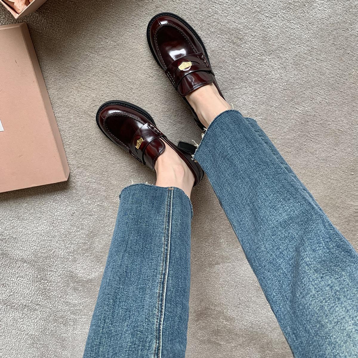 2025 Cowhide version~ Xingshengda shoes British style A miu small gold coins thick heel lazy loafers women's small leather shoes