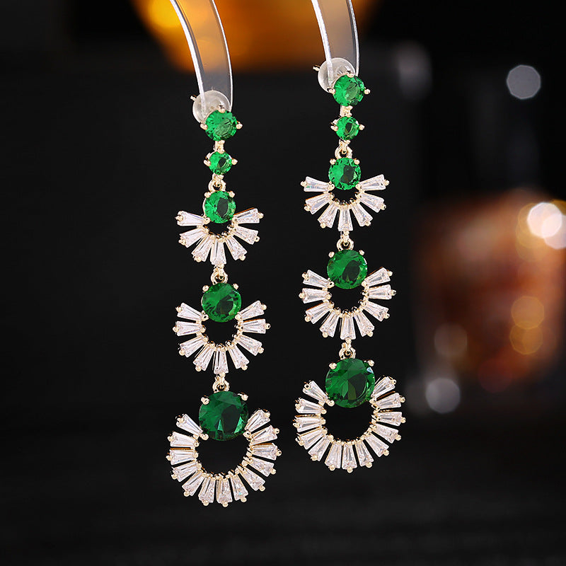 2025 Cross-border Korean earrings for women light luxury colored zirconium retro 925 silver earrings round face slim long geometric fan-shaped earrings