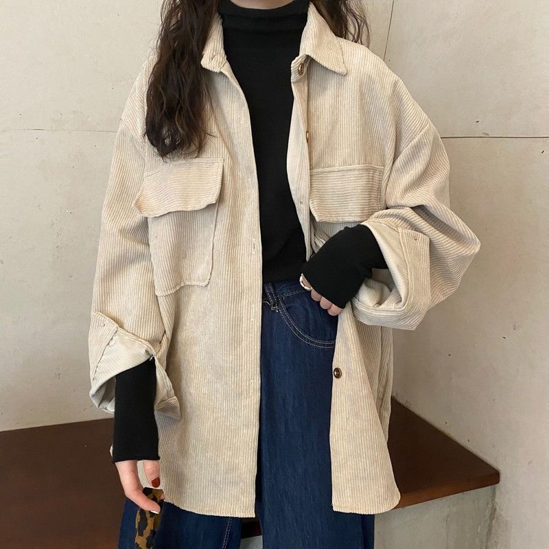 jinran fall outfits aesthetic Corduroy Coat Women's Autumn and Winter All-Matching Jacket New Retro Hong Kong Style Mid-Length Shirt Fashionable Top