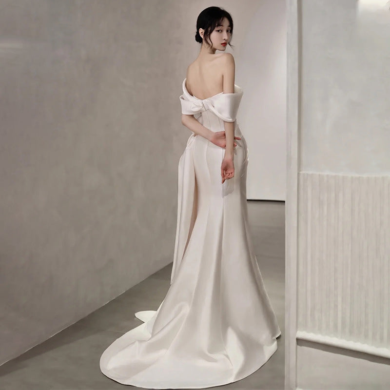 jinran off shoulder off-Shoulder Light Wedding Dress 2024 Summer New Bridal Satin French Simple Elegant Travel Tail Dress