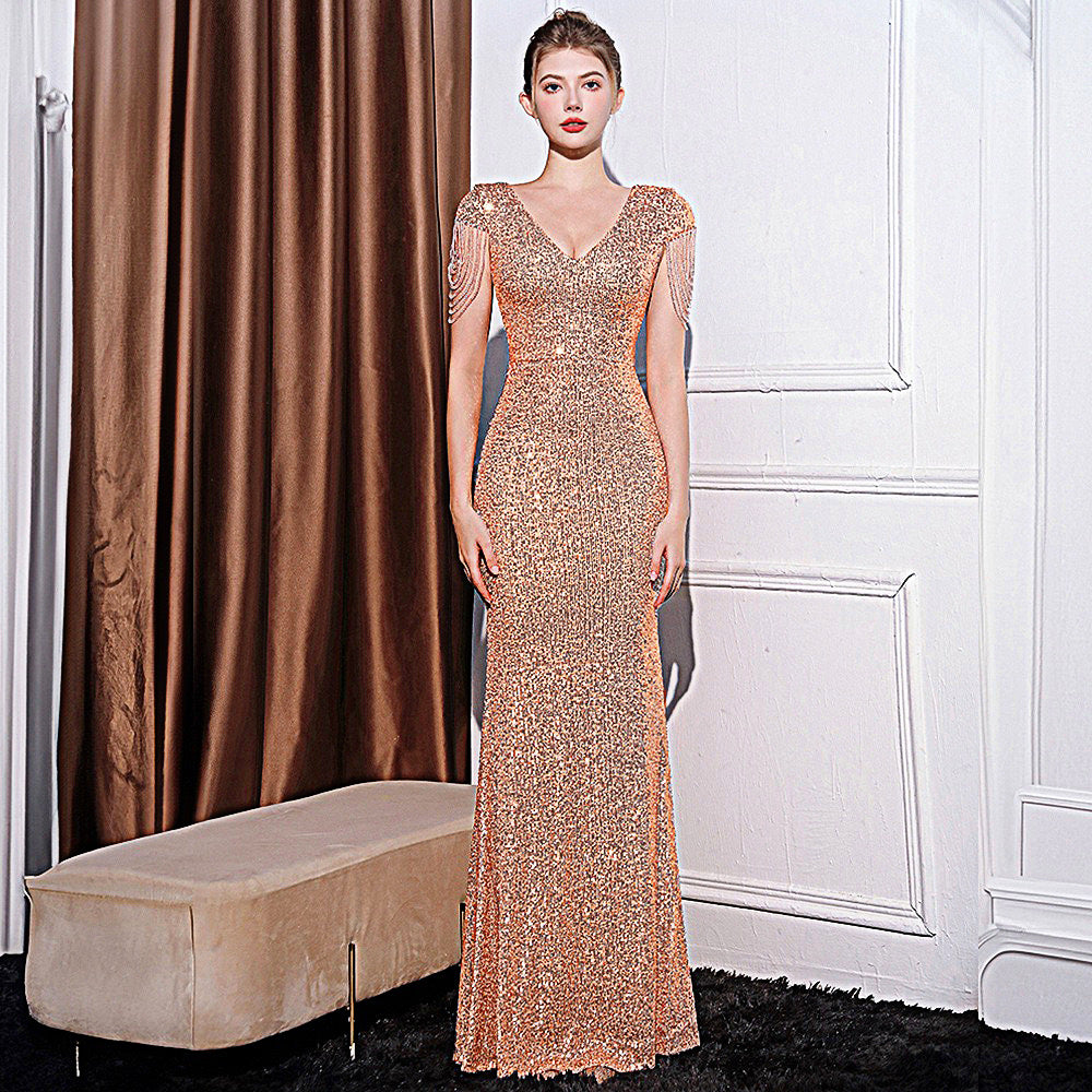 2025 Evening dress dress female black dignified atmosphere host high-end banquet wear sequins thin long fishtail dress