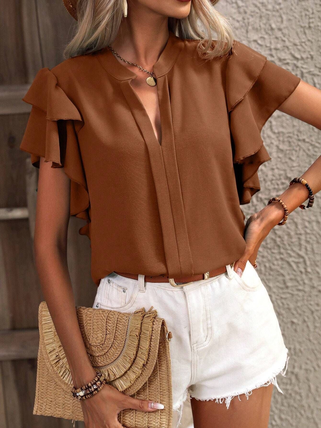2025 Popular, , New women's clothing summer new V-neck casual double-layer lotus leaf sleeves solid color shirt and top