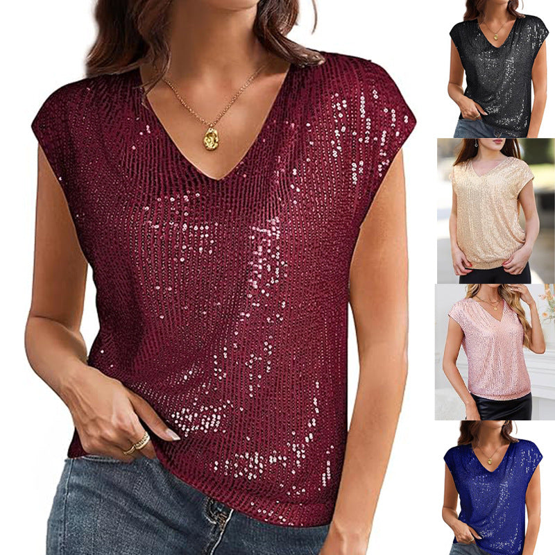 2025 spring and autumn new New shoulder sleeves sequined slim V-neck solid color top T-shirt women