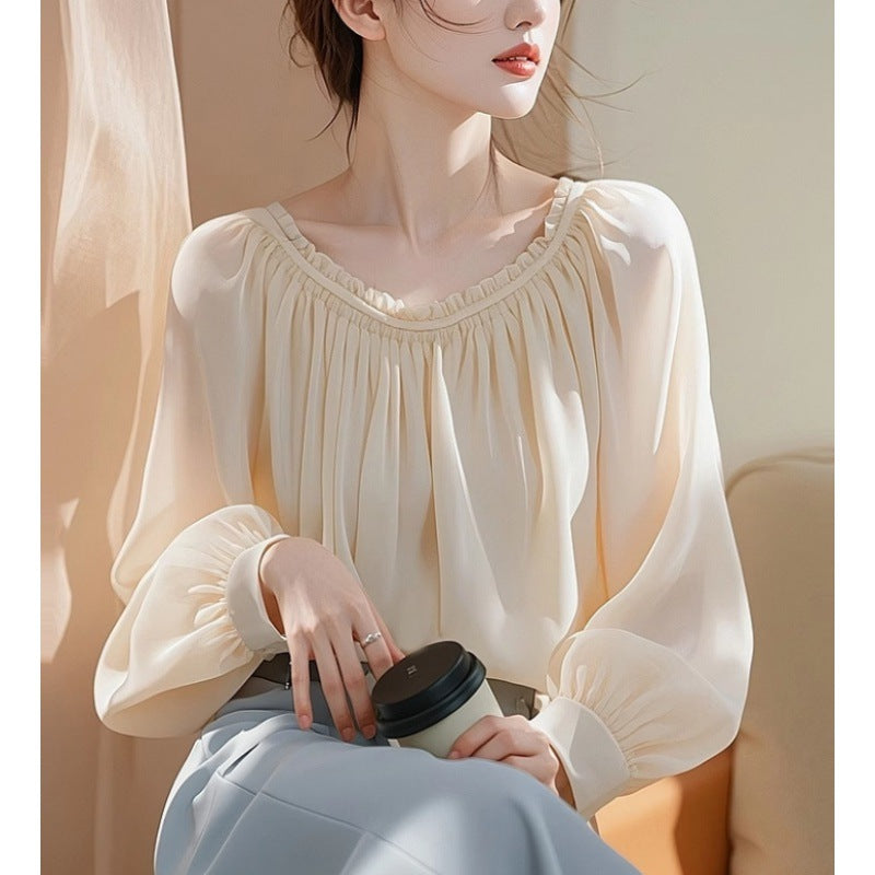 2025 spring new temperament beautiful beautiful design sense white chiffon small top long sleeve shirt women's summer