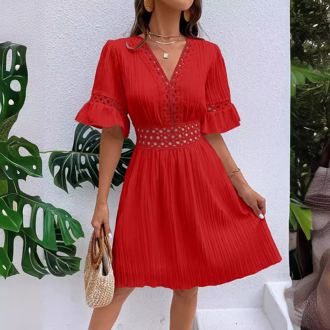 2025 Popular, , New women's clothing summer new splicing lace fashion V-neck waist solid color dress