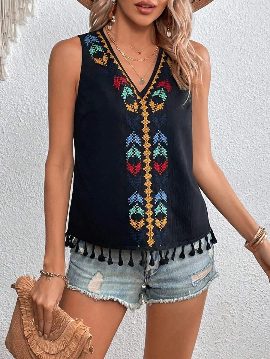 2025 Popular, , New women's clothing, summer ethnic style V-neck embroidered splicing hem beard vest top