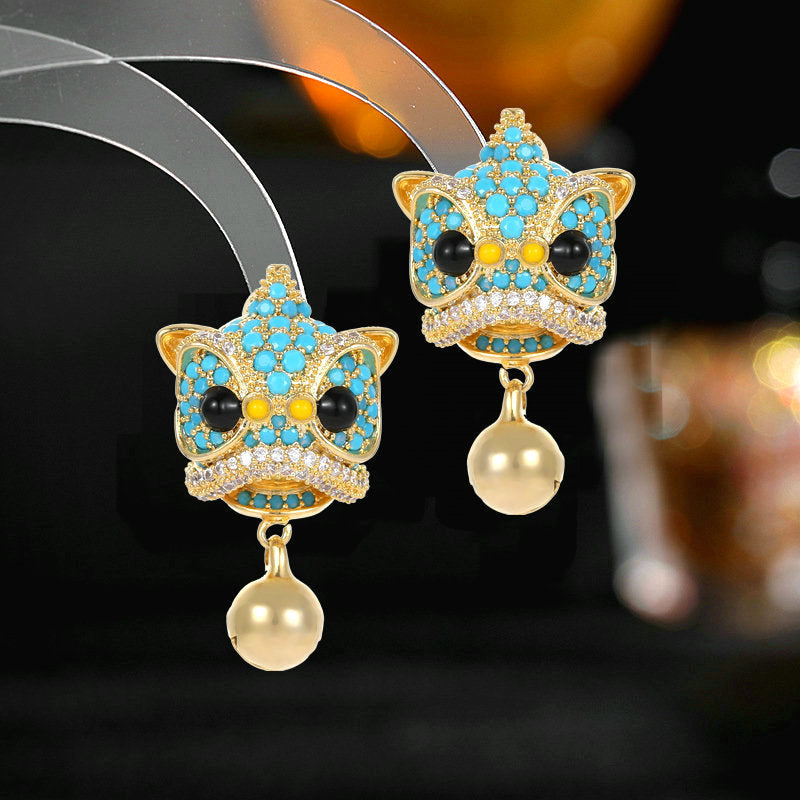 2025 Creative lion dance lion stud earrings zircon inlaid retro dynasty Chinese style personalized design bell lion head earrings