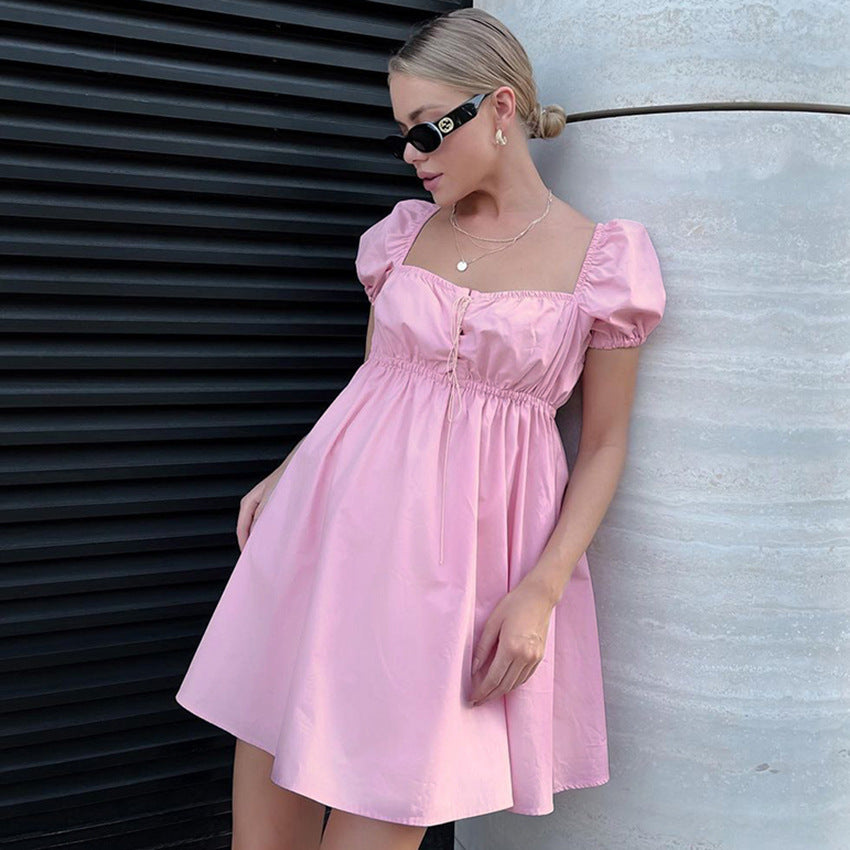 2025 summer short-sleeved short skirt women's collar hollow bow temperament pure cotton bubble sleeve dress women's clothing
