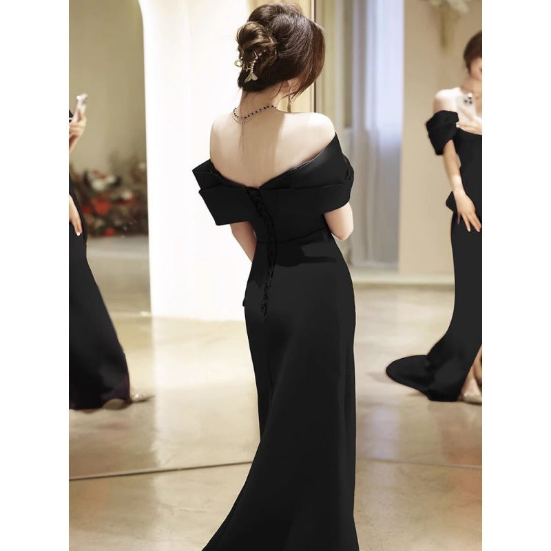 jinran Fishtail dress black evening dress light luxury 2024 new niche tail style banquet annual meeting host slim